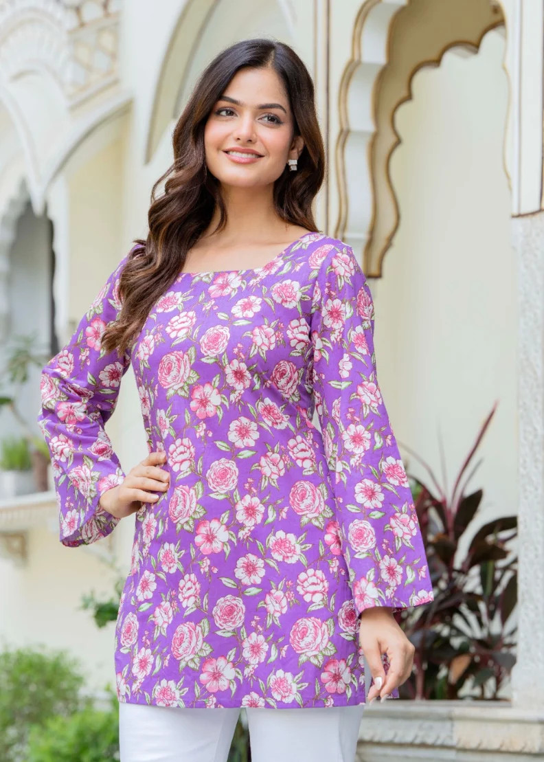 women purple floral printed tunic top
