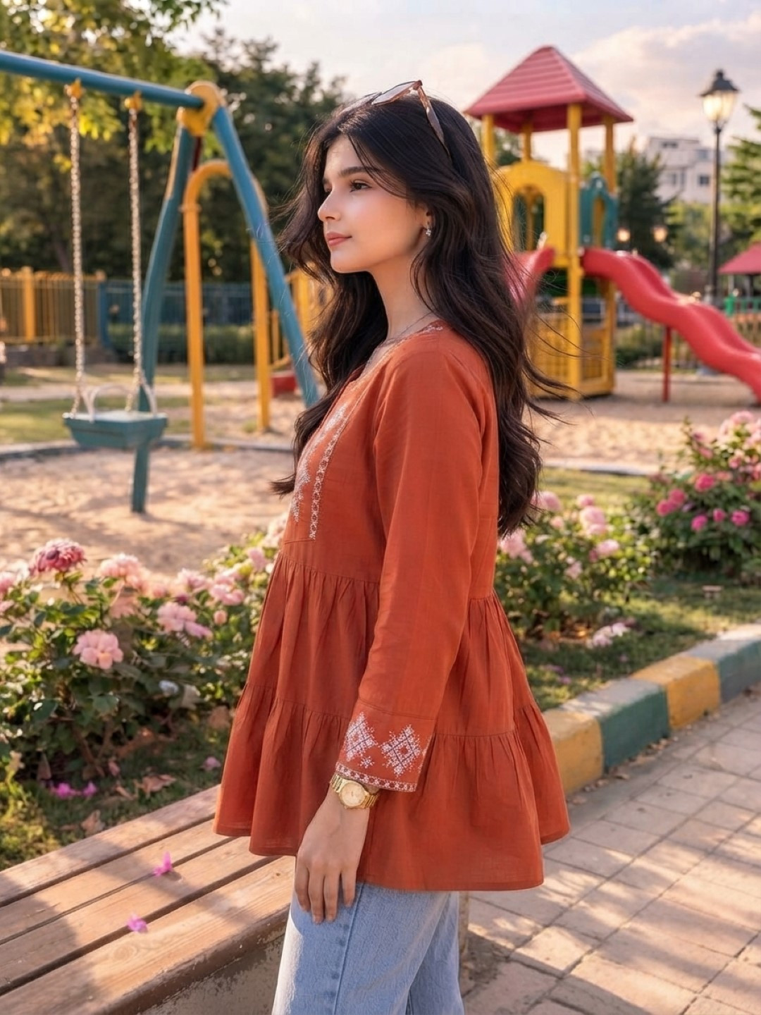 v-neck embroidery rust tunic