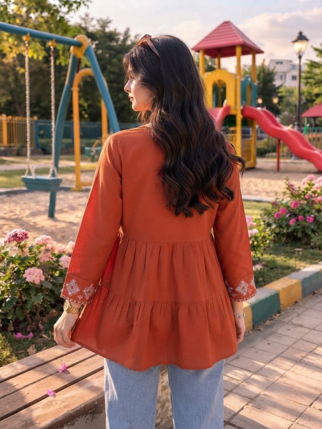 v-neck embroidery rust tunic