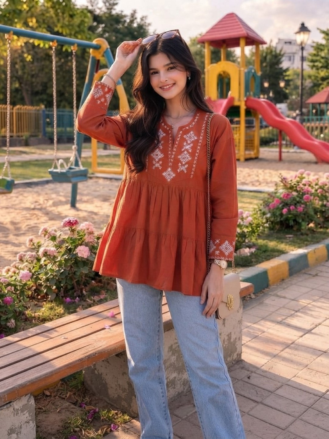 v-neck embroidery rust tunic