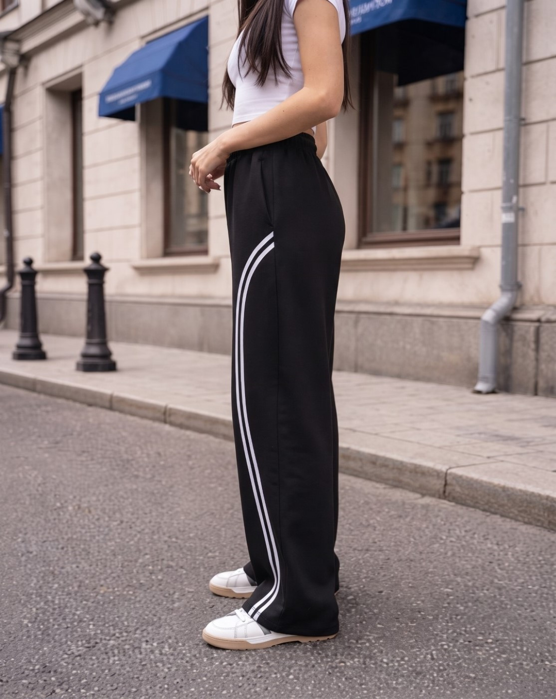 Women Black Track Pants with Side Stripes