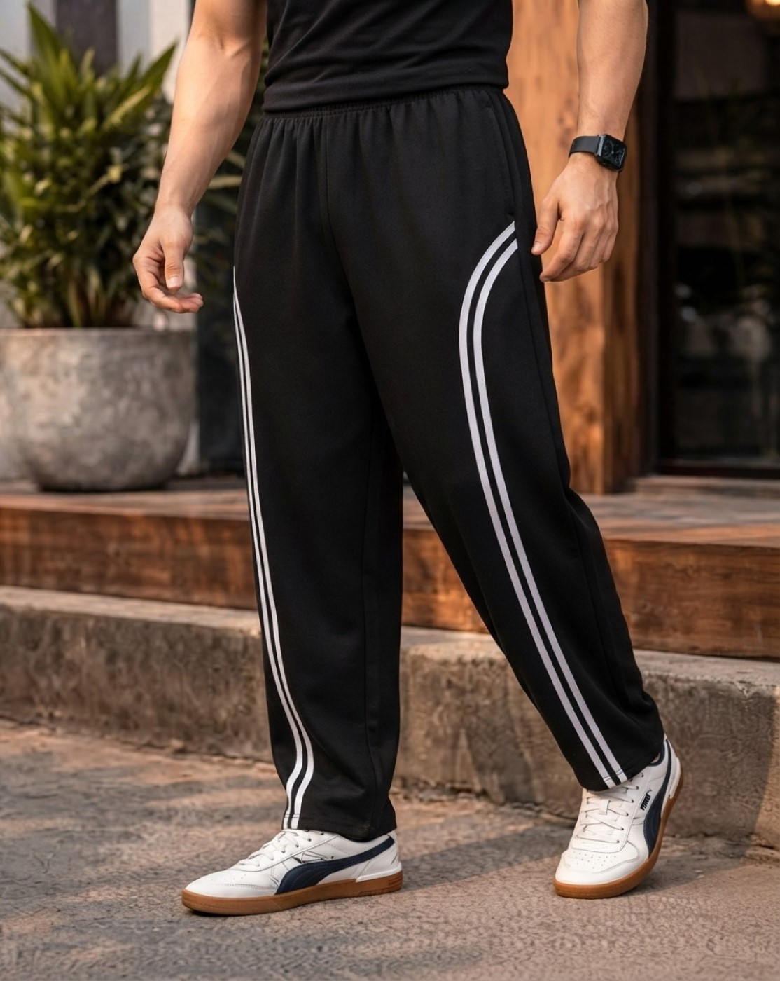 Men Black Track Pants with Side Stripes