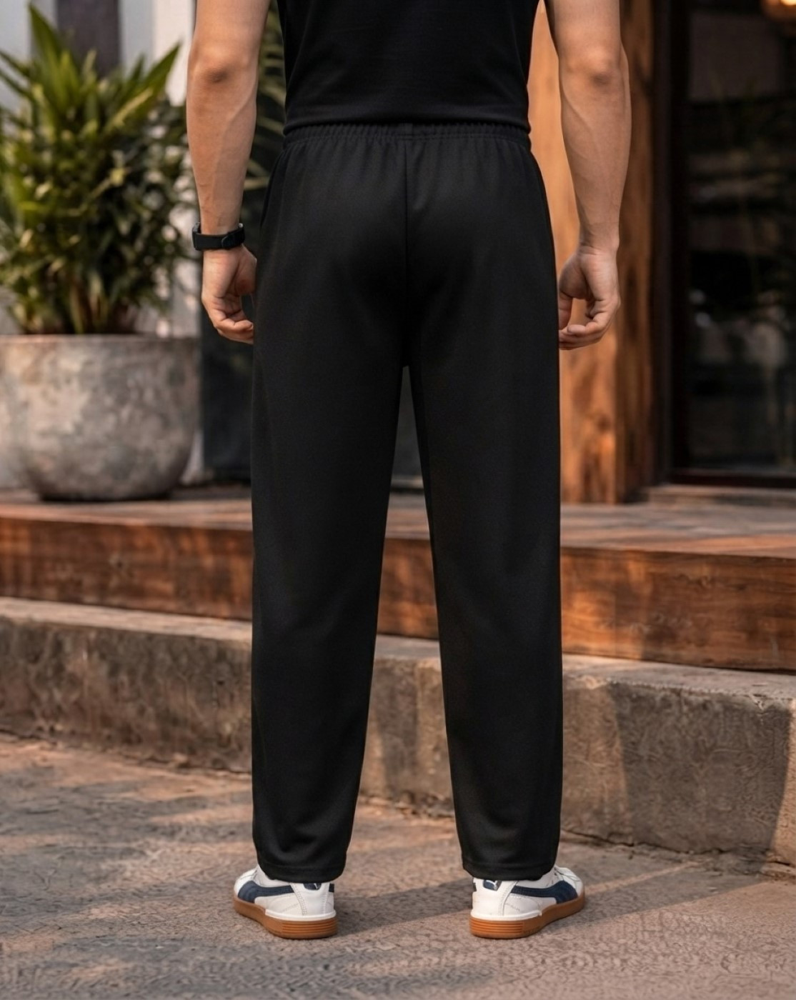Men Black Track Pants with Side Stripes