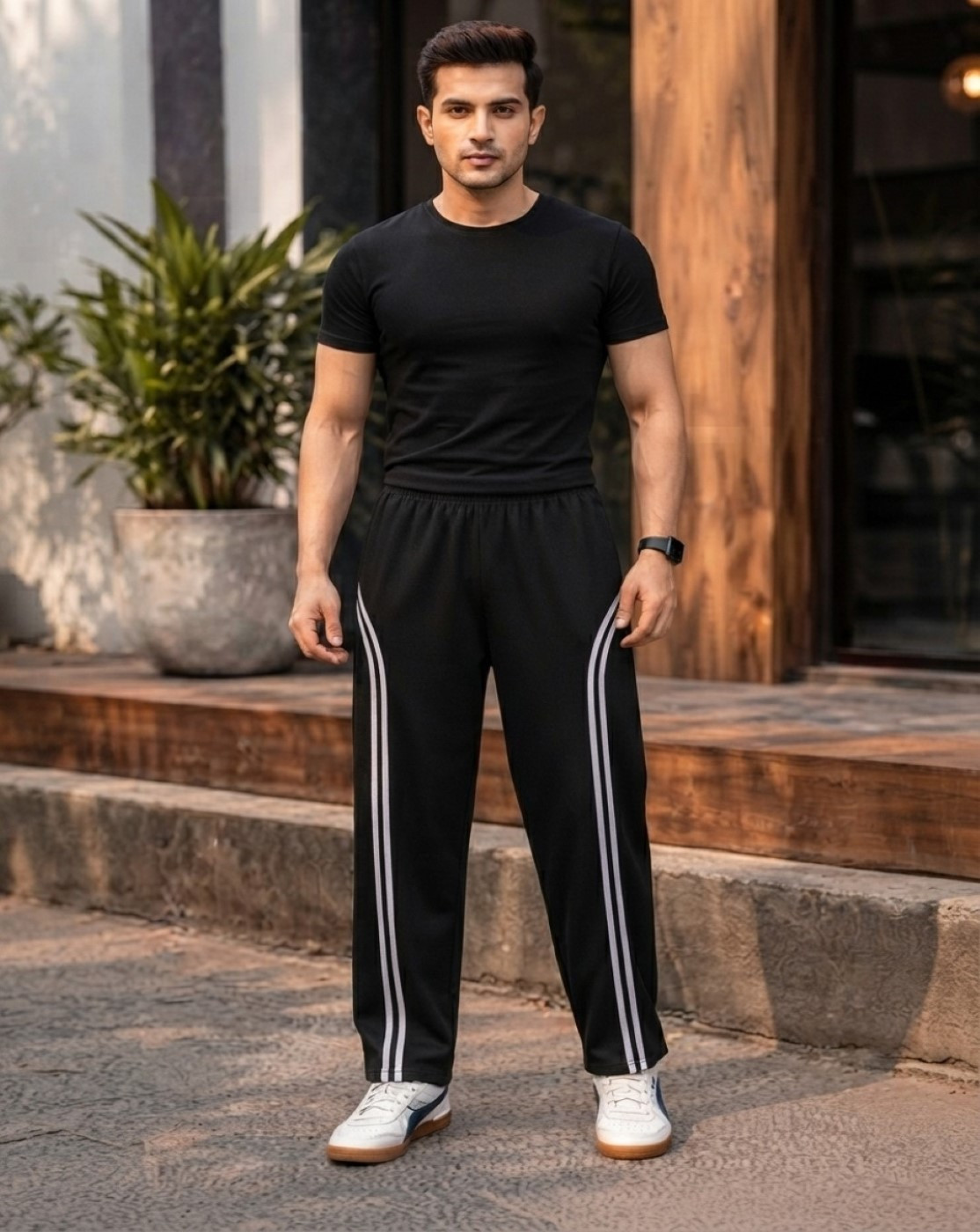 Men Black Track Pants with Side Stripes