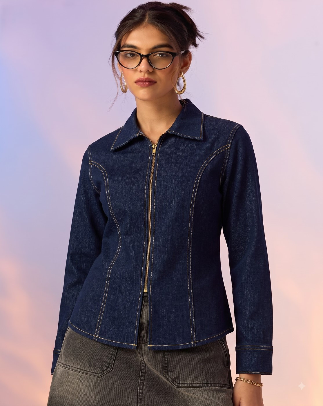 zipper denim shirt