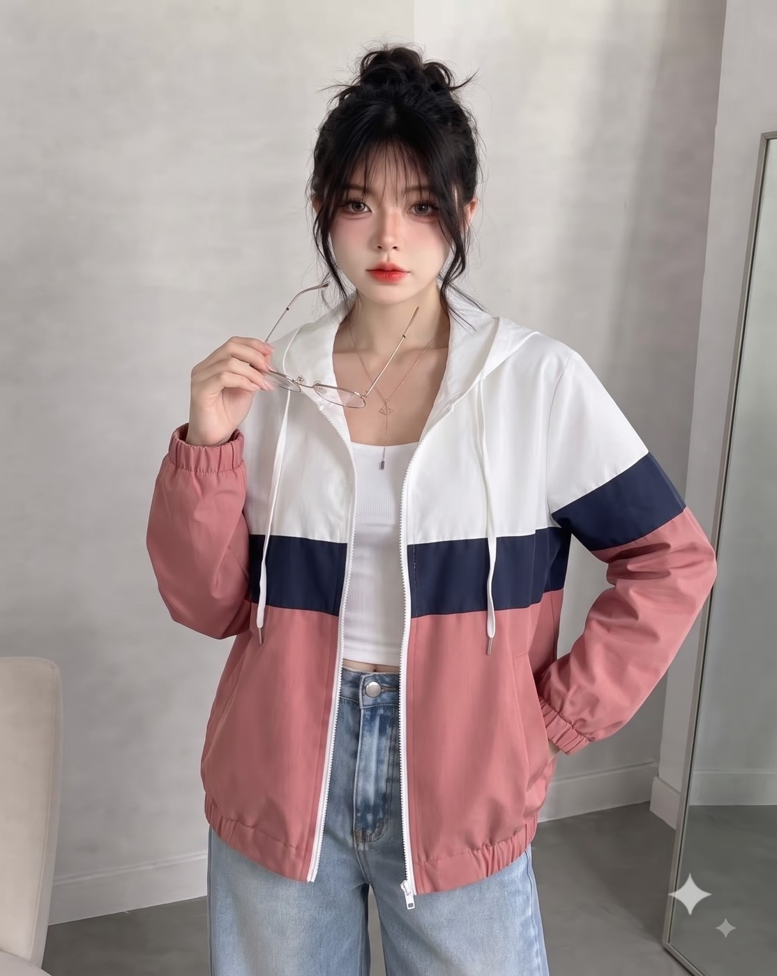 women hooded windcheater jacket (white navy pink)