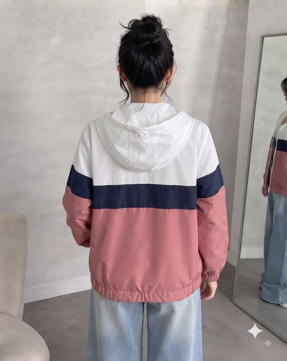 women hooded windcheater jacket (white navy pink)