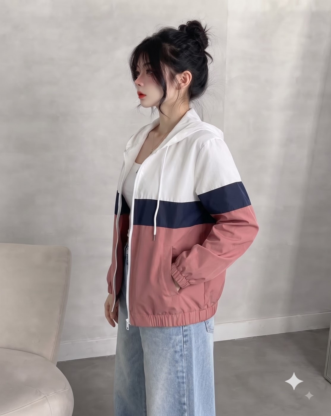 women hooded windcheater jacket (white navy pink)