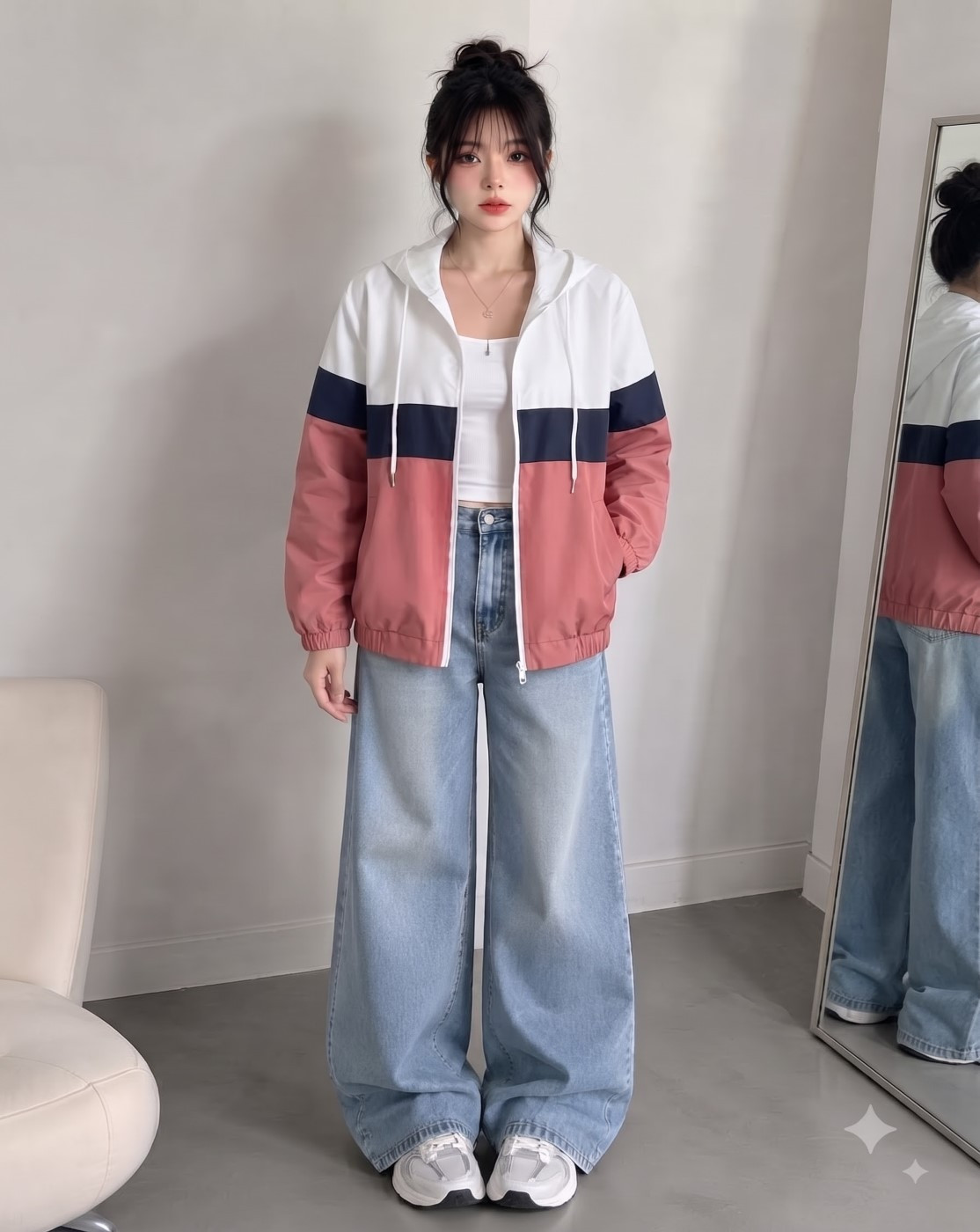 women hooded windcheater jacket (white navy pink)