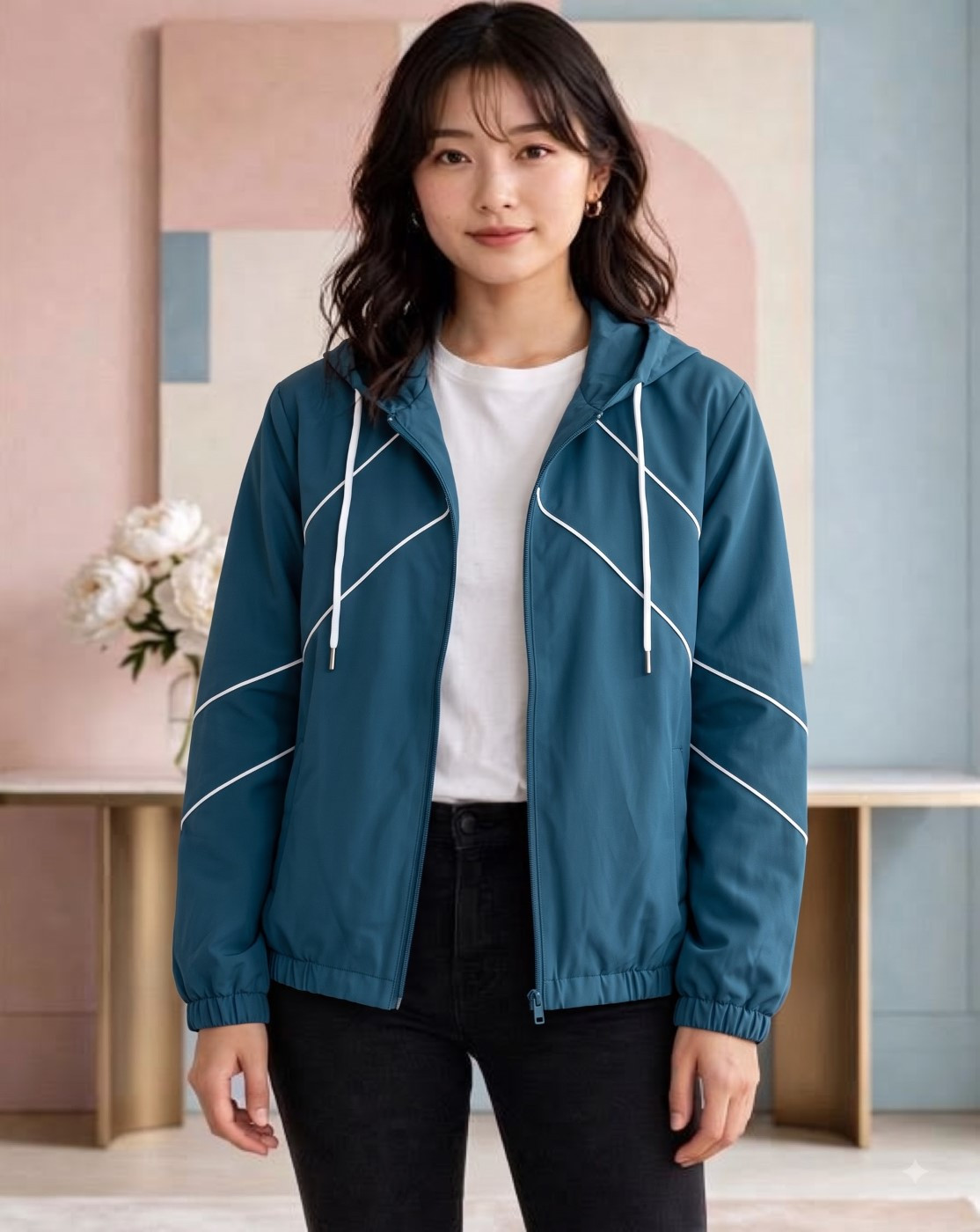 women hooded windcheater jacket (teal blue)