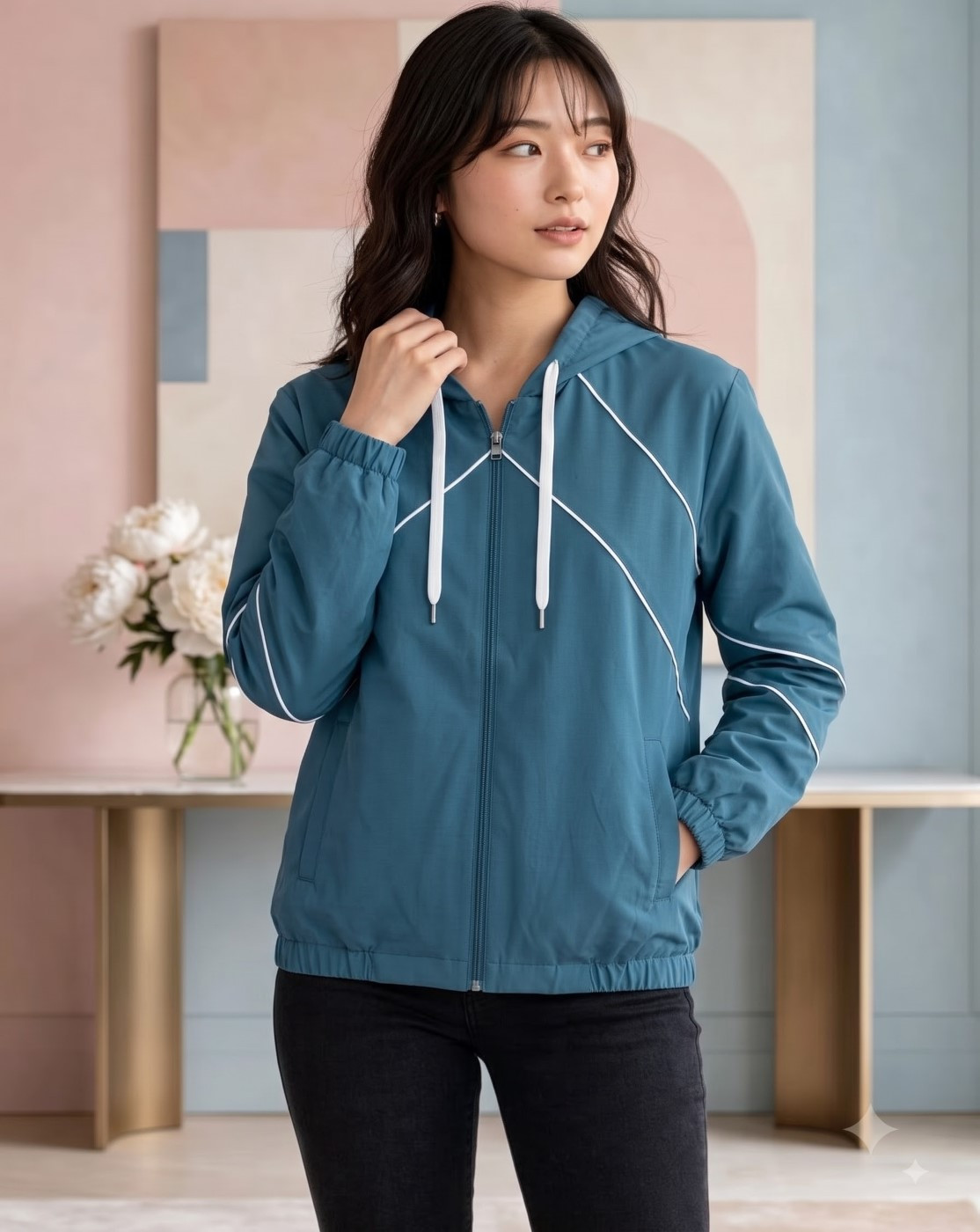 women hooded windcheater jacket (teal blue)