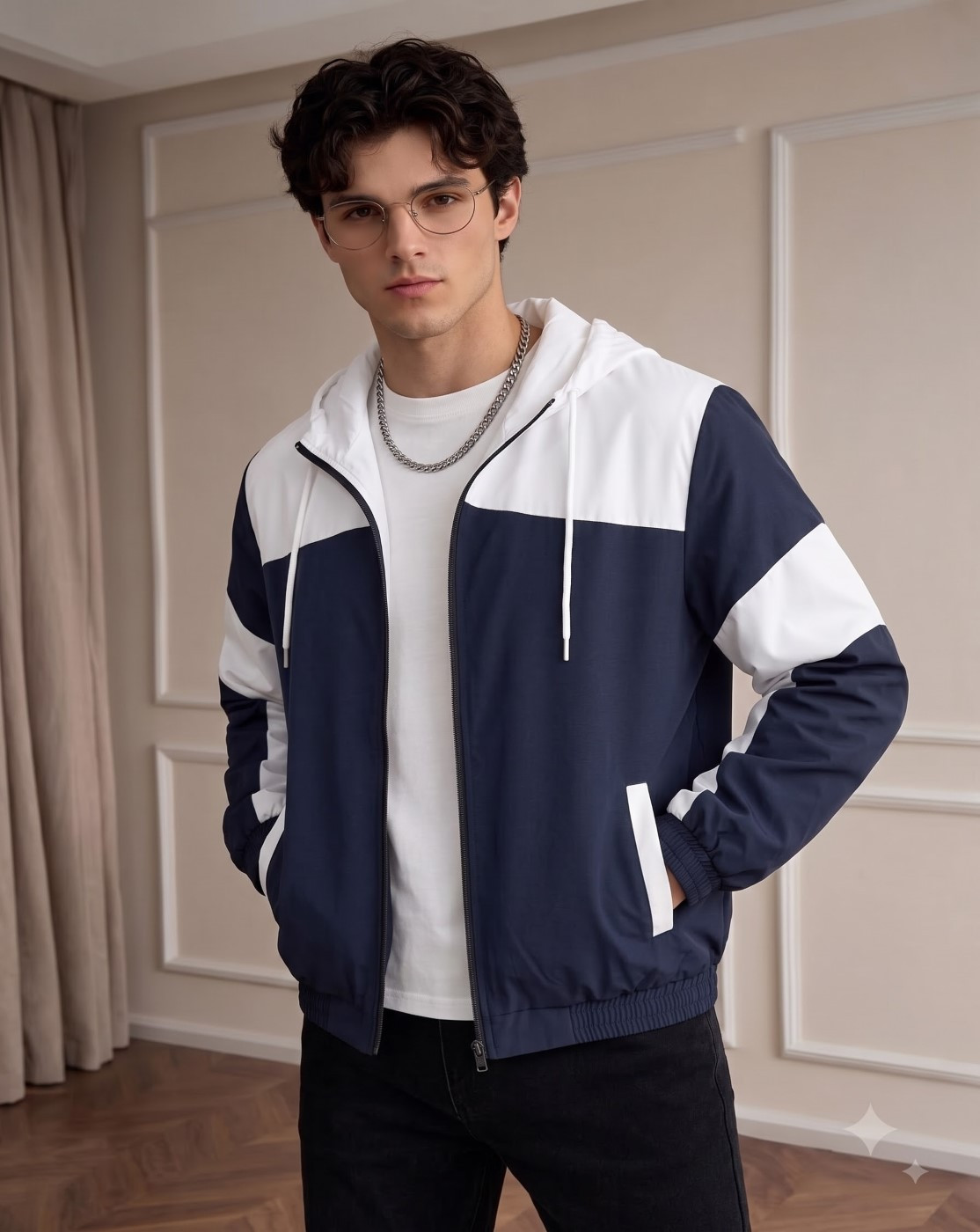 men hooded windcheater jacket (navy white)