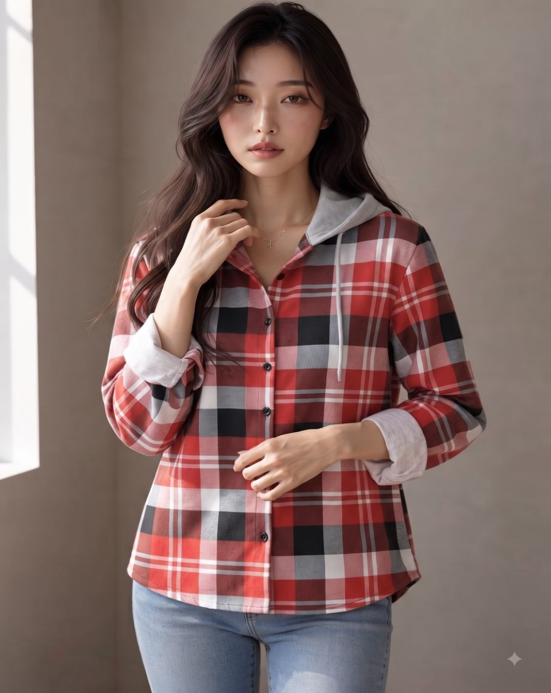 women hooded check shirt (red black)