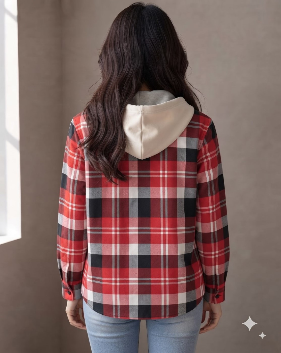 women hooded check shirt (red black)