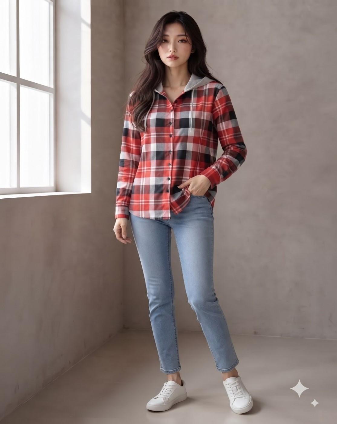 women hooded check shirt (red black)
