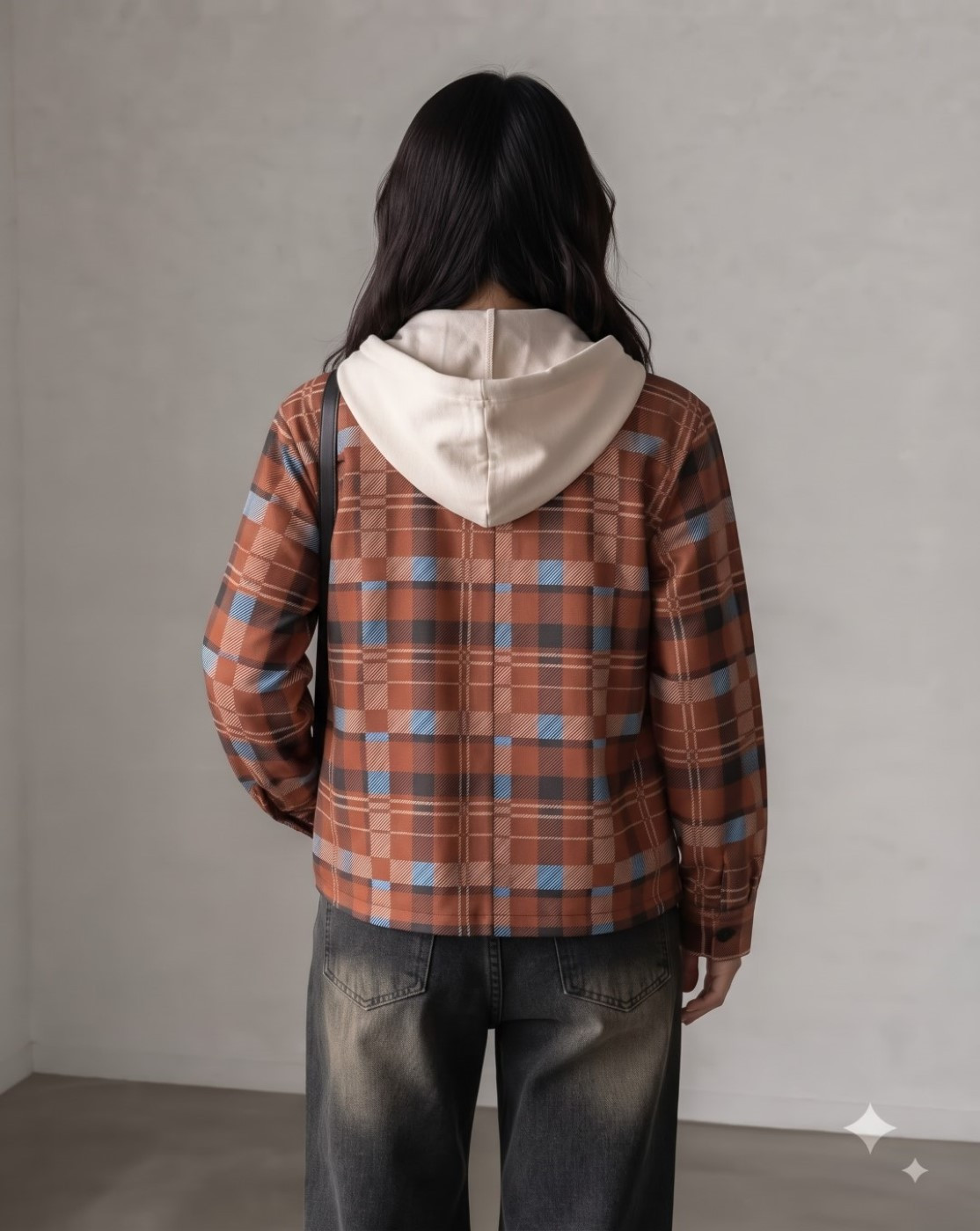 women hooded check shirt (rust brown)