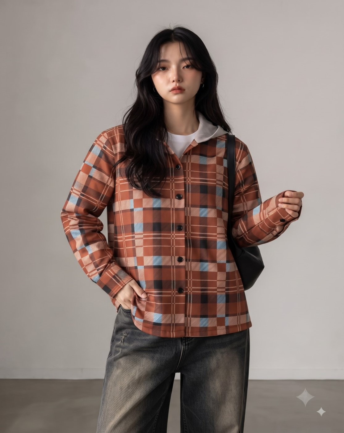 women hooded check shirt (rust brown)