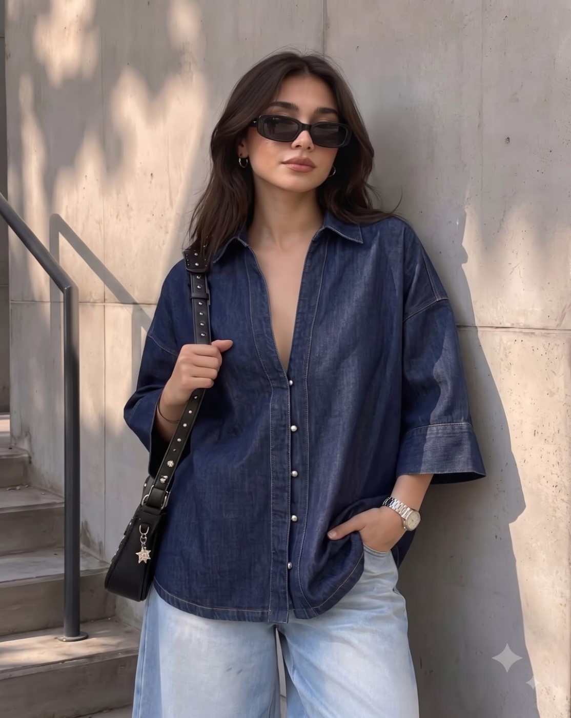 women oversized denim shirt (dark blue)