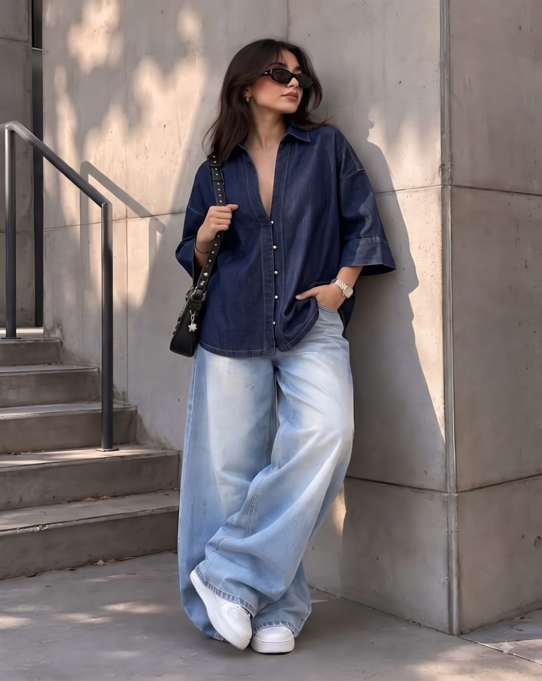 women oversized denim shirt (dark blue)
