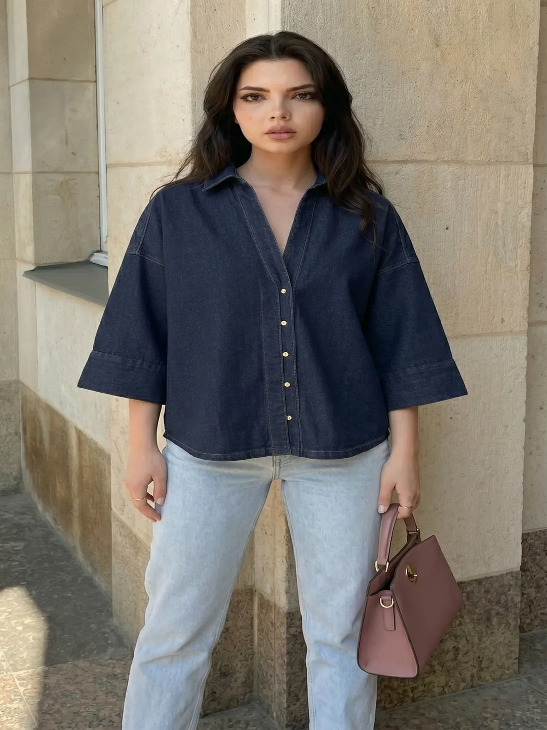 womens solid blue denim shirt