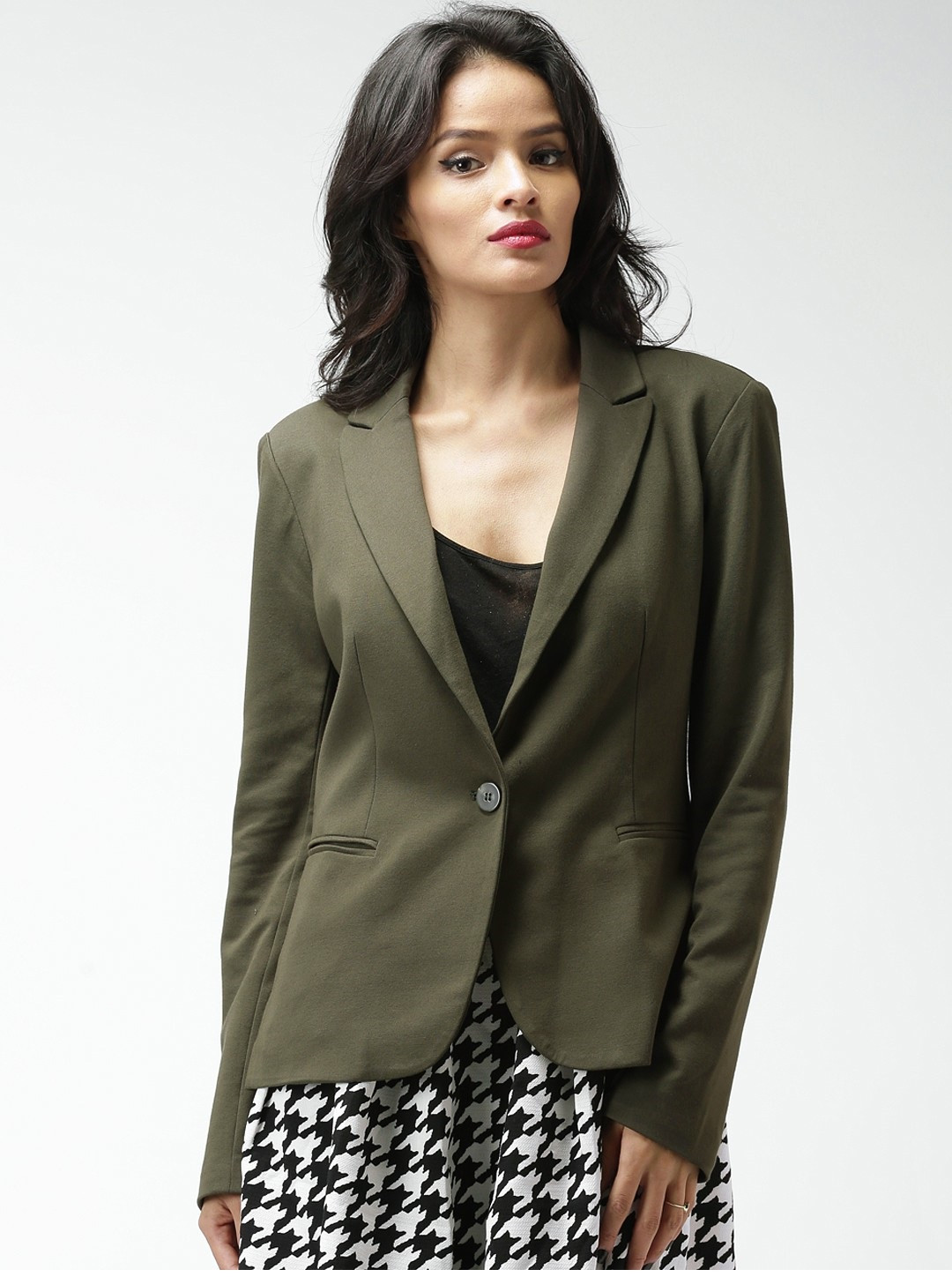 women olive green single button formal blazer