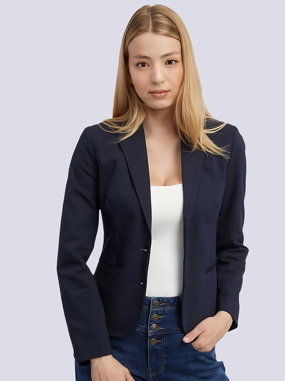 women navy blue slim fit formal blazer