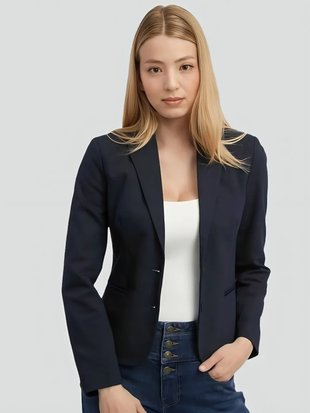 women navy blue slim fit formal blazer